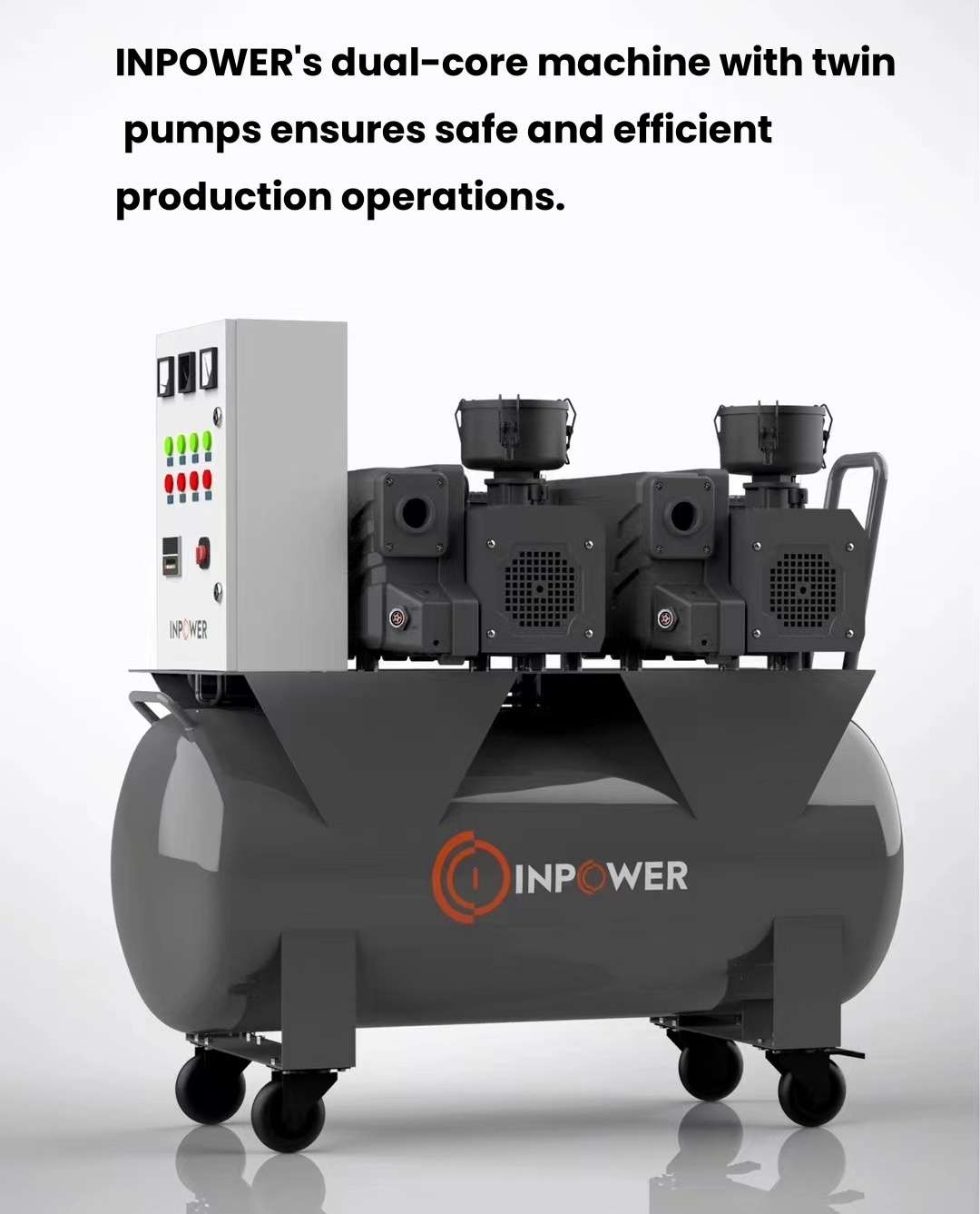 Industrial dual-core machine with twin vacuum pumps from INPOWER, equipped with multiple control buttons on a white panel, ensures efficient production operations. Ideal for energy extraction in the oil and gas industry.